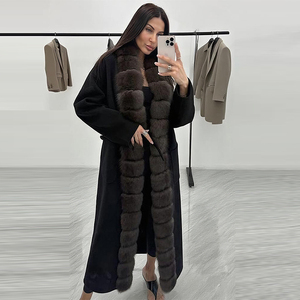 Janveny Novità Inverno 2025 Giacca in Cashmere e <span class=keywords><strong>Lana</strong></span> con Collo in Vera Pelliccia di Volpe Naturale da <span class=keywords><strong>Donna</strong></span> <span class=keywords><strong>Cappotto</strong></span> Lungo Oltre il Ginocchio con Cintura in Misto <span class=keywords><strong>Lana</strong></span> - Product Image 1
