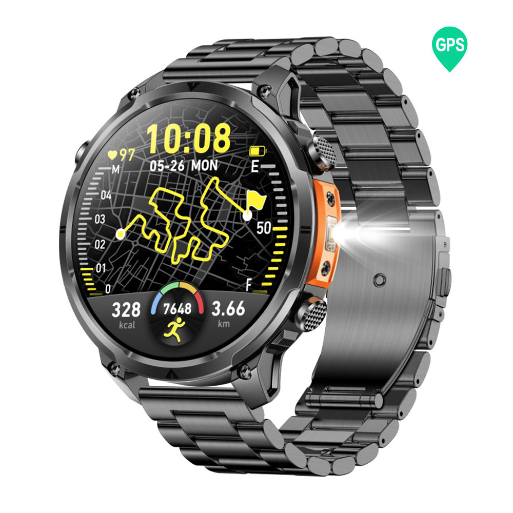 MK100 GPS Smart Watch With Flashlight 1.7Inch 10M Waterproof Compass Outdoor Air Pressure Men Health Smartwatch 2026