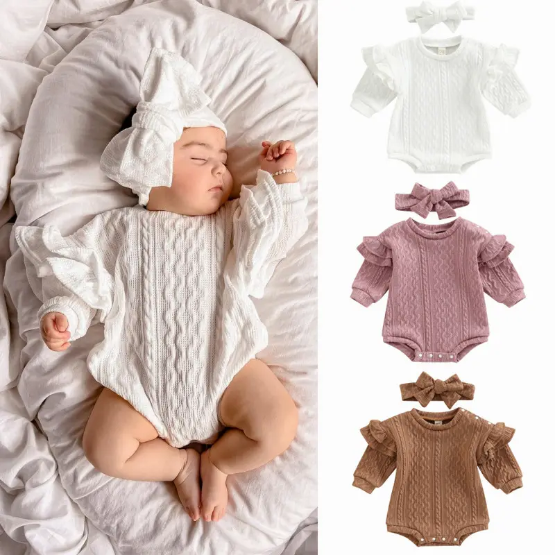 0-24M Baby Sweater Romper Jongens Meisjes Herfst Winter Kleding Ruches Lange Mouw Gebreide Romper + Hoofdband Pasgeboren Peuter Gebreide Kleding