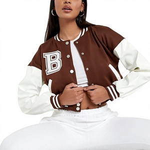 <b>Women's</b> <b>Brown</b> White Varsity <b>Jacket</b> Full Sleeve Turn Down Collar Short Crop Letter B Front Factory Made <b>Women's</b> Varsity for Sale - Product Image 4