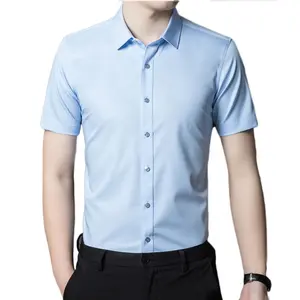 Camisa de negocios de manga corta para hombre, camisa Formal ajustada de diseño informal, Color sólido, Tops de oficina con botones hacia abajo