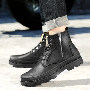 Botas de hombre de cuero genuino negro, sencillas y a la moda, con forro de lana para mayor calidez, estilo outdoor, botas de invierno. - Product Image 5