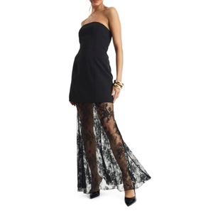 Robe longue noire évasée sans bretelles, tissée, unie, avec fermetures éclair à la taille, dentelle structurée, logo personnalisé – Meilleure vente - Product Image 2