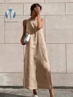 Robe longue en ramie unie personnalisée avec bretelles spaghetti et fente pour femme, idéale pour les vacances, les rendez-vous et les fêtes - Vente en gros usine