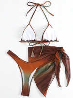 Ensemble de maillot de bain trois pièces sexy pour femme, col en V, avec paréo en maille, imprimé respirant, vente en gros, logo personnalisé