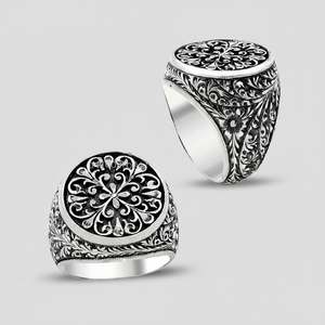925K Sterling Silver Art Design Carved Turkish <b>Men</b> Round <b>Ring</b> Handmade - Product Image 2