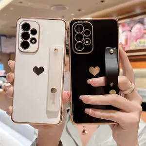 Electroplated Wrist Strap Bracket Mobile Phone Case For iPhone 14 13 12 Samsung A13 4G A52 S22 Plus S21 FE Love Side Stand Cover