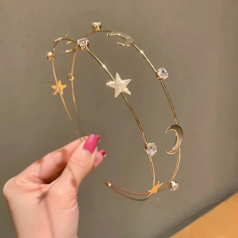 Fairy Crystal Headband For Women Hair Accessories Double Layers Alloy Hairband Moon Star Inlaid Rhinestone Hair Hoop Alice Band