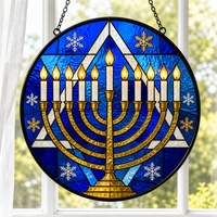 Attrape-soleil en vitrail Menorah Hanouka, ornement rond 20 cm, Étoile de David, bleu et or, décoration à suspendre à la fenêtre