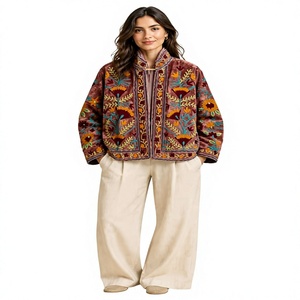 <b>Women's</b> Red <b>Velvet</b> Embroidered Floral <b>Jacket</b> Zipper Stand Collar Coats <b>Women</b> Stand Collar Coat Red <b>Velvet</b> Coat Floral - Product Image 1