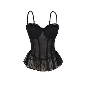 Camisola sexy de nailon con encaje de puntos polares y cuello en V, diseño de hebilla en tela dobby, almohadilla en el pecho, cintura con varillas y dobladillo esponjoso para mujer - Product Image 3