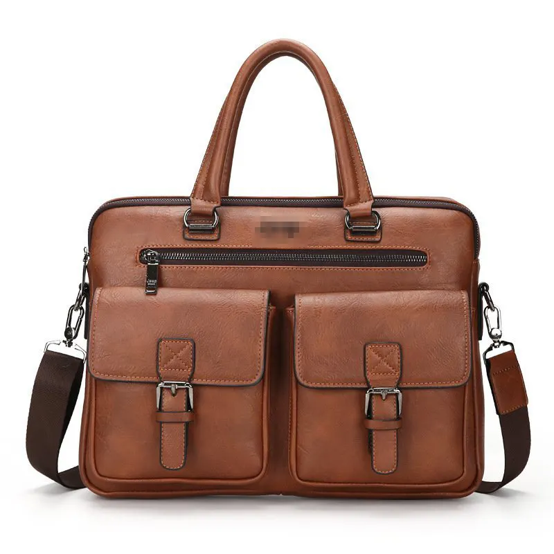 Classic male travel office work brown pu document A4 tote tablet computer pack business men leather briefcase bag customized