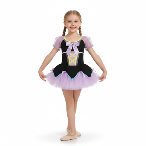Tutu de ballet inspiré du harlequin pour enfants, costume de danse pour filles, style harlequin, manches bouffantes avec pompons pour spectacle et Halloween - Product Image 1