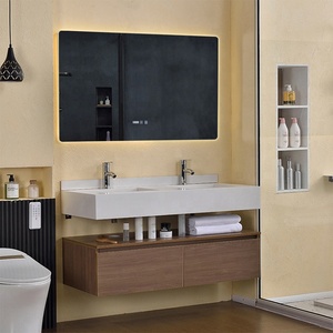 Meuble-lavabo double vasque moderne <span class=keywords><strong>avec</strong></span> structure en contreplaqué et MDF, vasque en céramique, design mural, <span class=keywords><strong>miroir</strong></span> intelligent inclus - Product Image 2