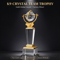 Trophée d'équipe en cristal K9 en gros, globe avec support doré, gravure laser personnalisée, récompense pour le travail d'équipe, cérémonie d'entreprise et d'affaires
