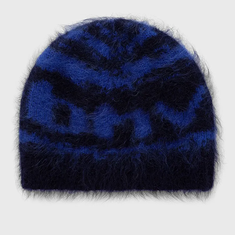 Baixa moq alta qualidade logotipo personalizado chapéus fabricante malha jacquard fuzzy mohair gorro