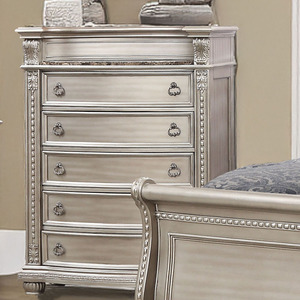 Commode Glam en Argent avec Miroir - Commode de Chambre à Coucher Ornée de Sculptures avec Plateau en Marbre, Style Rococo Français, Meuble de Rangement - Product Image 3