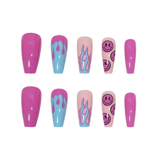 Y-160 French Type Pink smiley Face Blue <strong>Flame</strong> 2024 New <strong>Design</strong> OEM Artificial Press on <strong>Nails</strong> - Product Image 2