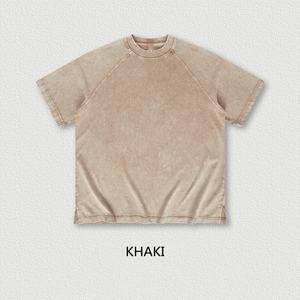 T-shirt vieilli vintage streetwear décontracté uni à manches courtes oversize 100% coton délavé à l'acide avec ourlet fendu Printemps-Été - Product Image 1