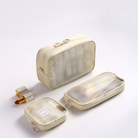 Trousse de Toilette Portable Pliable en Polyester Maille Beige avec Fermeture Éclair, Grande Taille pour Bouteilles, Logo Personnalisé, Kit de Voyage Transparent