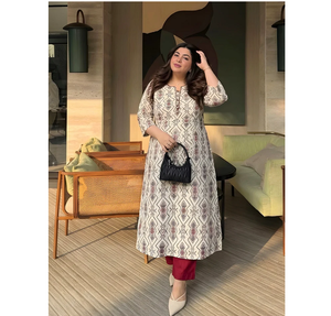 <b>Maroon</b> Geometric Print Cotton Kurta Pant Set Quick Dry Wrinkle Free Regular Fit Women's Ethnic Wear Festive Casual - Product Image 3