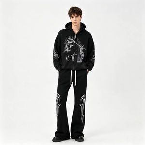 Conjunto de chándal para hombre de algodón polar personalizado, estilo Y2K Grunge, con gráfico de retrato de Jesús con alas y diseño dividido, cremallera completa y pantalón de pierna ancha, de fabricante de ropa - Product Image 3