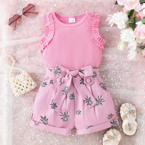 0-4T Sets for <strong>Girls</strong> <strong>Ruffled</strong> Sleeveless Summer <strong>Girls</strong> Clothing Set Solid Pit Strip Vest Floral Print <strong>Shorts</strong> Toddler Kids Clothes - Product Image 3