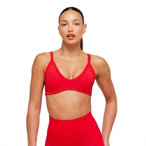 Women Red V-Neck Spaghetti Strap Sports Bra Seamless Medium Support Yoga Fitness Workout Breathable Stretch Activewear - Product Image 1