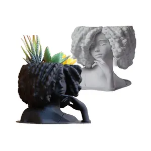 Resina personalizada cabelo encaracolado busto plantador suculento bela cabeça plantador moderno rosto plantar vaso plantadores ao ar livre rosto vasos de flores