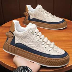 Men's Casual Board <b>Shoes</b> with Leather Surface Waterproof and Thick Sole Height Increasing <b>Slip</b>-On Sneakers Walking Style <b>shoes</b> - Product Image 2