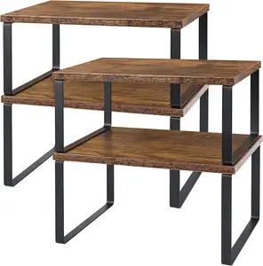 批发2层木质香料架可堆叠橱柜组织架和可扩展木质厨房台面架