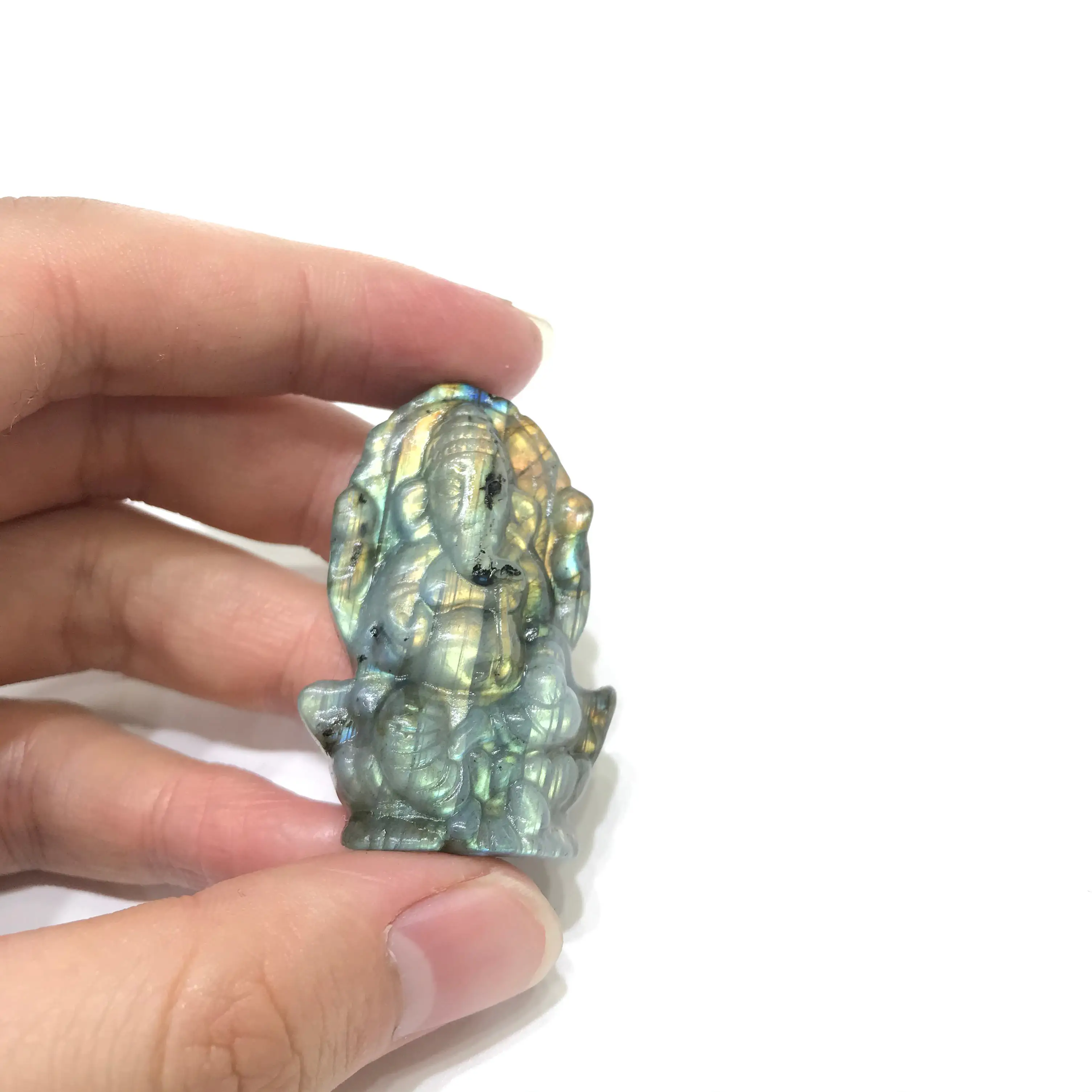 Ukiran Ganesha Kristal Labradorite Emas Hijau Biru Alami untuk Dekorasi Liontin