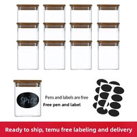 Ensemble de pots à épices carrés en verre pour la cuisine et la maison, lot de 12 pièces, couvercles en bambou, rembourrage en coton perlé inclus, étiquettes modernes