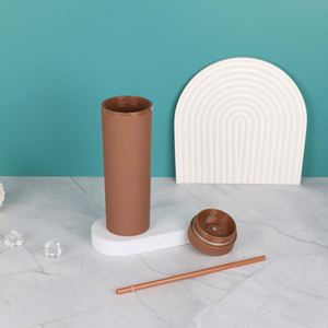 Custom Food Grade BPA FREE Stock SKINNY 16Oz Double-Layer Custom Simple <b>Rubber</b> <b>Paint</b> Plastic Water Tumbler Cup With Straw - Product Image 4