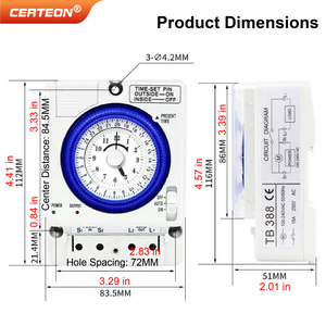 TB388-2 Interrupteur <span class=keywords><strong>horaire</strong></span> mécanique programmable 24 heures pour rail DIN avec 96 segments 110-240VAC Interrupteur temporisé - Product Image 4