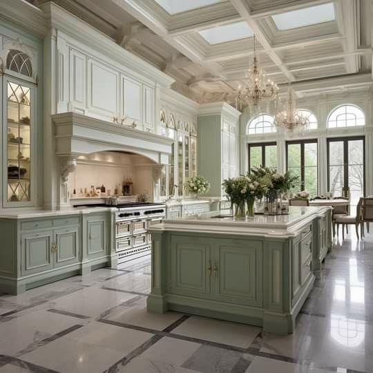 Green Color Custom Design Medieval Kitchen