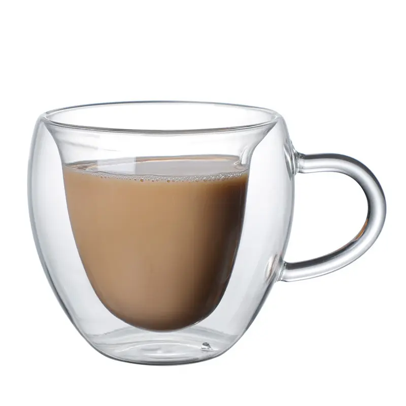 Toptan cam kupa yüksek borosilikat suyu kahve süt su içme bardakları çift duvar kalp şeklinde cam kulplu fincan