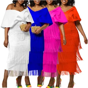 ZHEZHE Latest Design Fashionable Women Summer Dresses Elegant V-neck Off Shoulder Party Dresses Women Tassel Dress