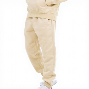 Pantalon de survêtement pour homme, beige, 100% coton, taille élastique, coupe décontractée, poches latérales, tricoté, poids moyen, respirant, automne - Product Image 1