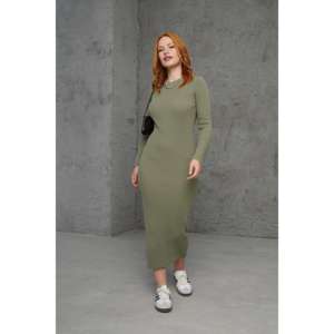 Vestido ajustado de punto acanalado color caqui con cuello redondo, cintura natural, transpirable, de manga larga y longitud media para uso diario informal. - Product Image 4