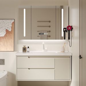 French-style white smart bathroom cabinet storage <b>mirror</b> cabinet white countertop sink wall-mounted cabinet body - Product Image 4