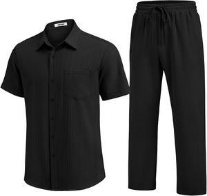 Conjuntos de 2 Piezas Casuales <span class=keywords><strong>y</strong></span> Transpirables para Hombre, Verano, Sólidos, 100% Fibra de Bambú, <span class=keywords><strong>Camisa</strong></span> de Manga Corta con Botones, Pantalones Holgados, Conjuntos para Vacaciones en la Playa - Product Image 6