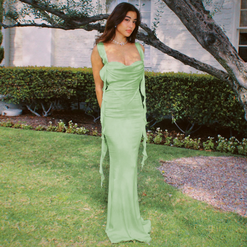 navy blue dress for baby girl Green Satin Backless Dresses main image 1