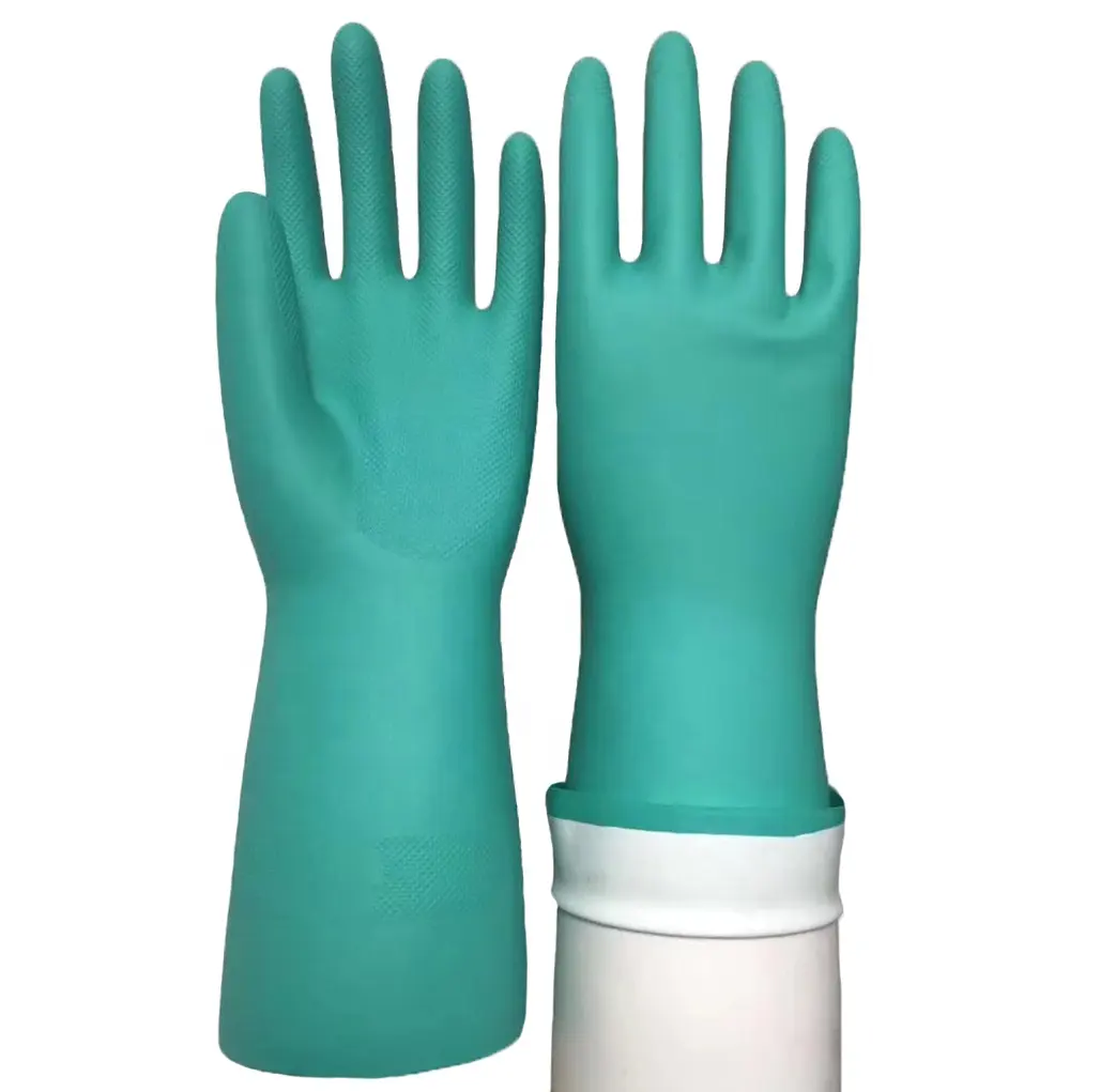 Gants résistants aux produits chimiques de Nitrile vert doublés de troupeau de manchette longue de 15 mil pour la sécurité de travail