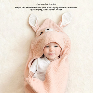 Serviette <span class=keywords><strong>de</strong></span> <span class=keywords><strong>Bain</strong></span> à Capuche Personnalisée 100% <span class=keywords><strong>Coton</strong></span> <span class=keywords><strong>Gaze</strong></span> 80x80cm Douce et Absorbante avec Oreilles d'Animaux pour Nouveau-né, Bébé, Tout-petit OEM ODM - Product Image 4