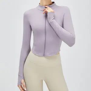 Women's Full Zipper Yoga Top Exercise Running Jacket With Thumbhole Elastic Fit Long Sleeve Crop Top Sportswear