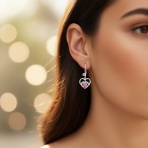 E1229 Orecchini pendenti a forma di cuore in oro bianco con pietre di zirconi rosa per le donne, gioielli regalo romantici - Product Image 2