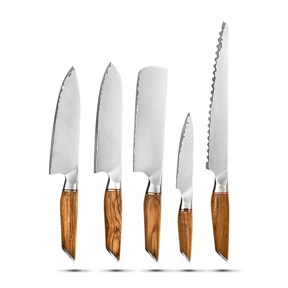 Honghee 5Pcs chef knife High Carbon Stainless Steel Kitchen Knife Set with olive wood handle