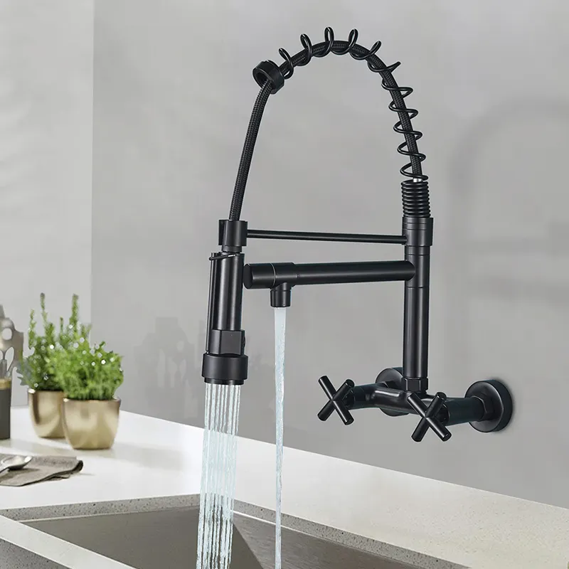 Modern hot and cold wall mount pull down black single lever function sink water tap kitchen faucet