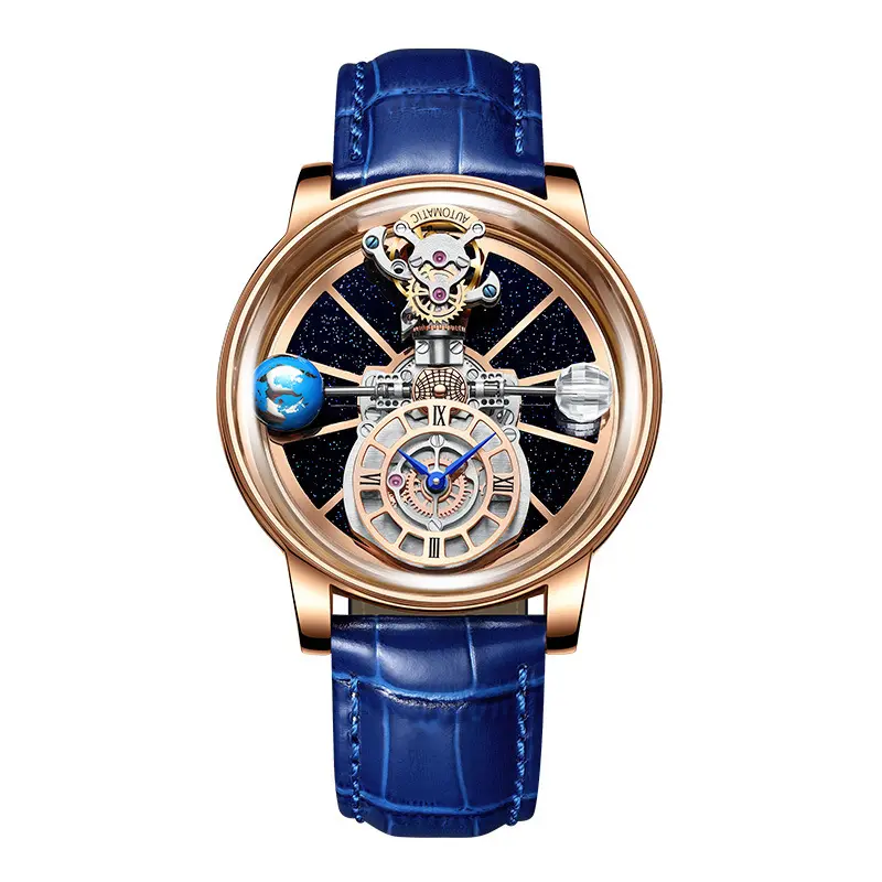 Relógio de pulso astronomia masculino, relógio de pulso mecânico quartzo à prova d'água 30m azul